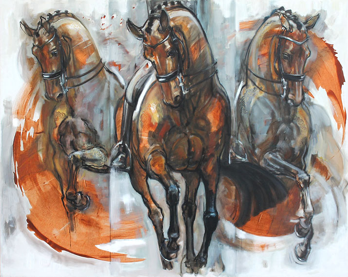 Rosemary Parcell nz horse artist, 3 movemnets, oil on canvas
